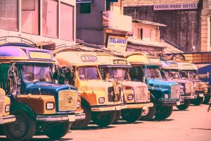 Stef Styles|Vintage|Cuba Street - Teal SD - Some colourful busses. Colombo / Sri Lanka